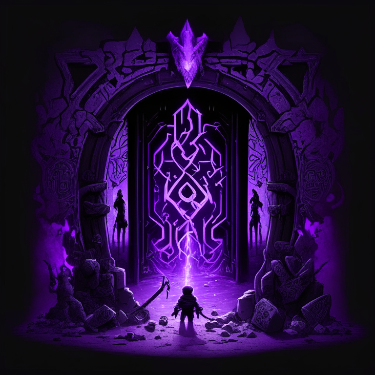 black nether portal frame of obsidian arc doorway, glowing purple runes, caduceus, chibi men/women with pickaxes
