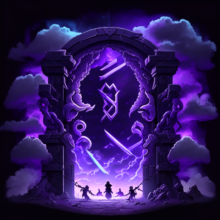 black nether portal frame of obsidian arc doorway, glowing purple runes, caduceus, chibi men/women with pickaxes, sky clouds
