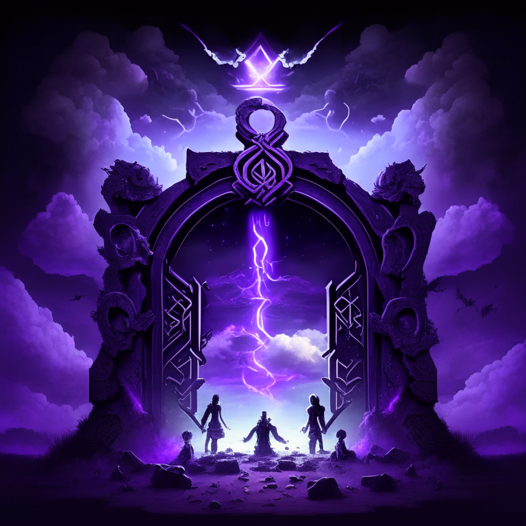 black nether portal frame of obsidian arc doorway, glowing purple runes, caduceus, chibi men/women with pickaxes, sky clouds
