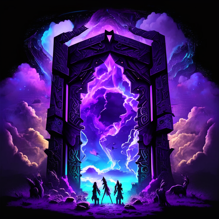 black nether portal frame of obsidian arc doorway, glowing purple runes, caduceus, chibi men/women with pickaxes, sky clouds, very colourful and prismatic
