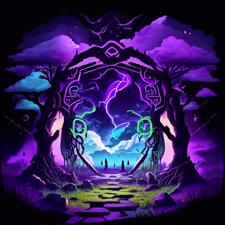 black nether portal frame of obsidian arc doorway, glowing purple runes, caduceus, chibi men/women with pickaxes, sky clouds, very colourful and prismatic grass/trees
