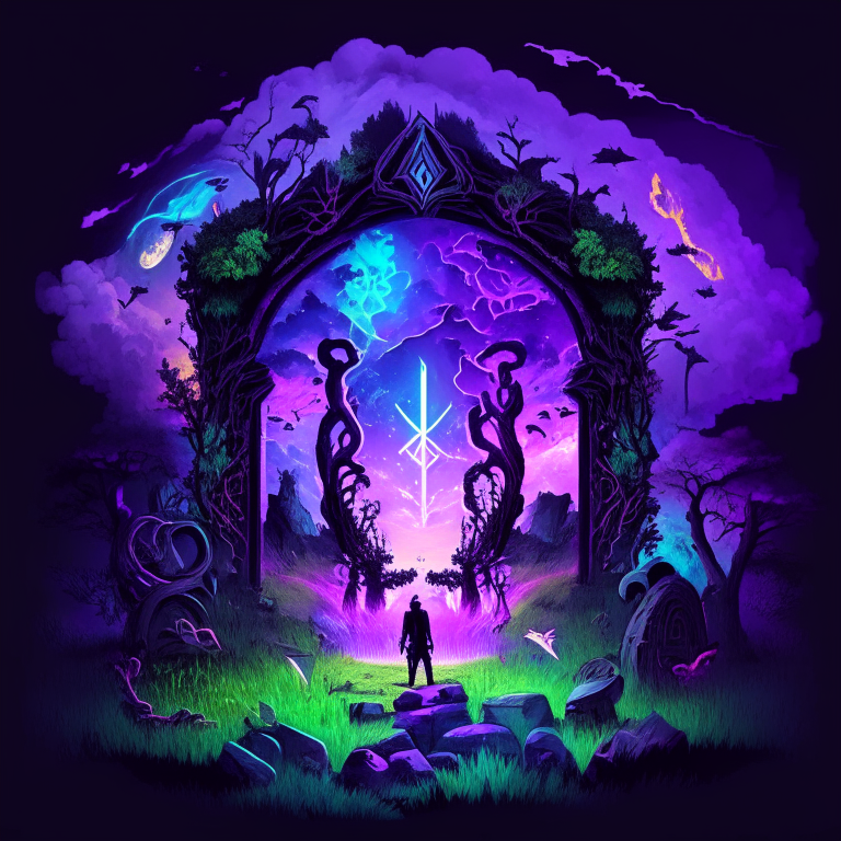 black nether portal frame of obsidian arc doorway, glowing purple runes, caduceus, chibi men/women with pickaxes, sky clouds, very colourful and prismatic grass/trees
