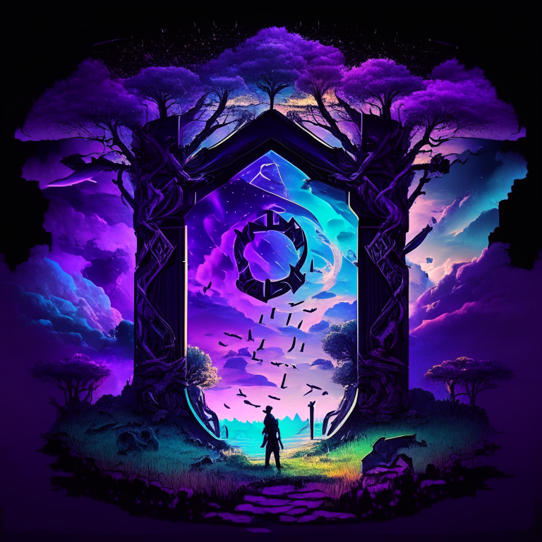 black nether portal frame of obsidian arc doorway, glowing purple runes, caduceus, chibi men/women with pickaxes, sky clouds, very colourful and prismatic grass/trees on the outskirts
