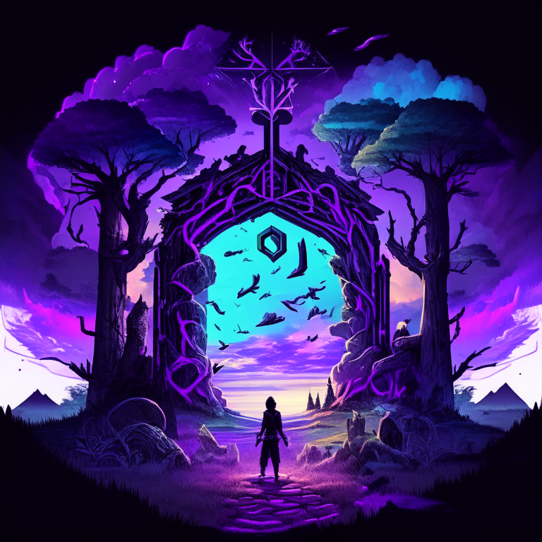 black nether portal frame of obsidian arc doorway, glowing purple runes, caduceus, chibi men/women with pickaxes, sky clouds, very colourful and prismatic grass/trees on the outskirts
