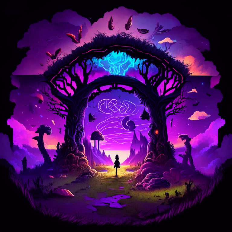 black nether portal frame of obsidian arc doorway, glowing purple runes, caduceus, chibi men/women with pickaxes, sky clouds, very colourful and prismatic grass/trees on the outskirts, red mushrooms inside the nether portal
