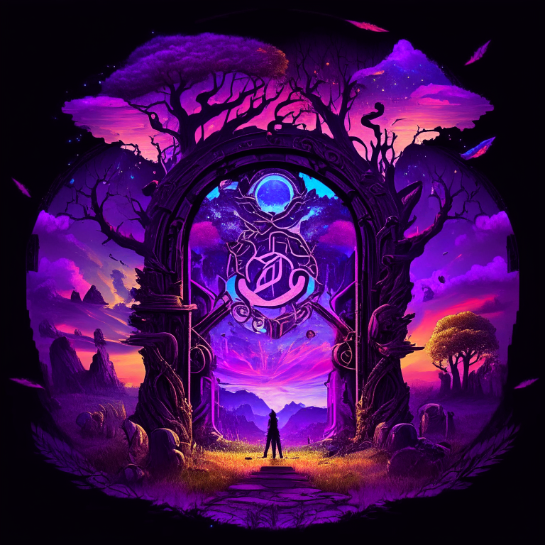 black nether portal frame of obsidian arc doorway, glowing purple runes, caduceus, chibi men/women with pickaxes, sky clouds, very colourful and prismatic grass/trees on the outskirts, red mushrooms inside the nether portal, steampunk
