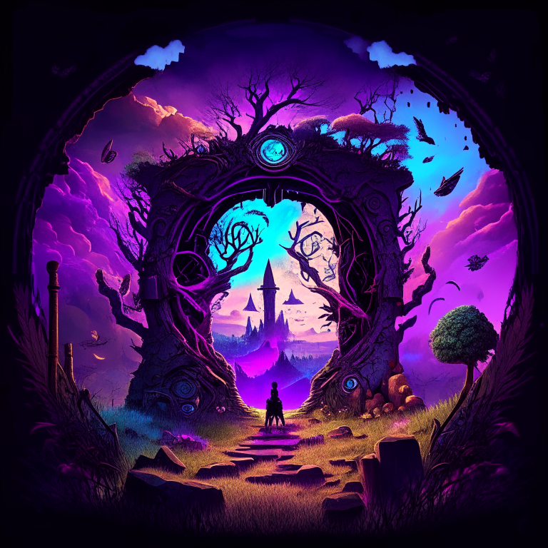 black nether portal frame of obsidian arc doorway, glowing purple runes, caduceus, chibi men/women with pickaxes, sky clouds, very colourful and prismatic grass/trees on the outskirts, red mushrooms inside the nether portal, steampunk, panoramic
