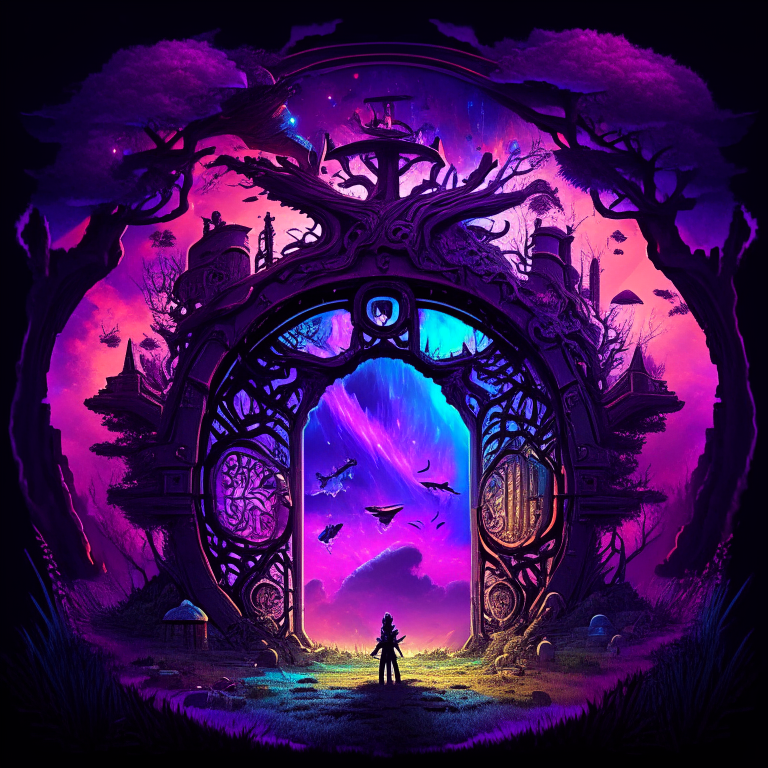 black nether portal frame of obsidian arc doorway, glowing purple runes, caduceus, chibi men/women with pickaxes, sky clouds, very colourful and prismatic grass/trees on the outskirts, red mushrooms inside the nether portal, steampunk, panoramic
