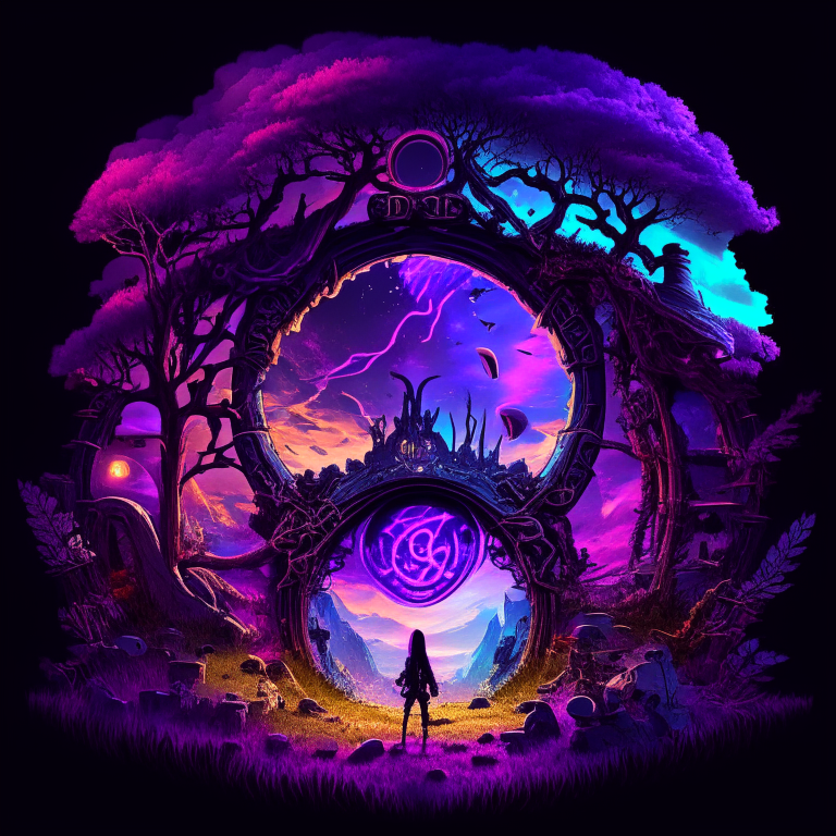 black nether portal frame of obsidian arc doorway, glowing purple runes, caduceus, chibi men/women with pickaxes, sky clouds, very colourful and prismatic grass/trees on the outskirts, red mushrooms inside the nether portal, steampunk, panoramic fisheye 
