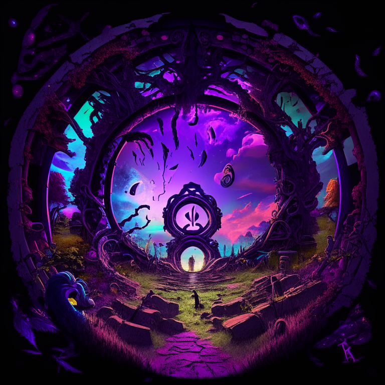 black nether portal frame of obsidian arc doorway, glowing purple runes, caduceus, chibi men/women with pickaxes, sky clouds, very colourful and prismatic grass/trees on the outskirts, red mushrooms inside the nether portal, steampunk, panoramic fisheye lens
