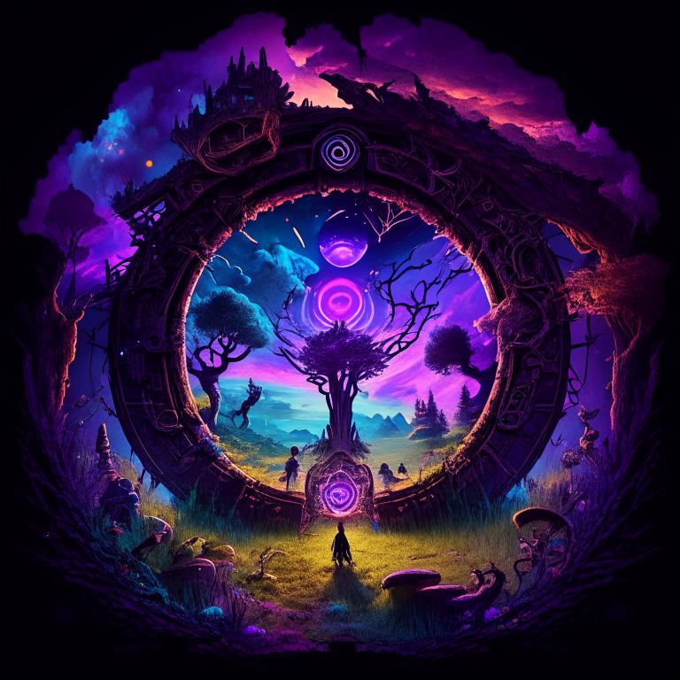 black nether portal frame of obsidian arc doorway, glowing purple runes, caduceus, chibi men/women with pickaxes, sky clouds, very colourful and prismatic grass/trees on the outskirts, red mushrooms inside the nether portal, steampunk, panoramic fisheye lens
