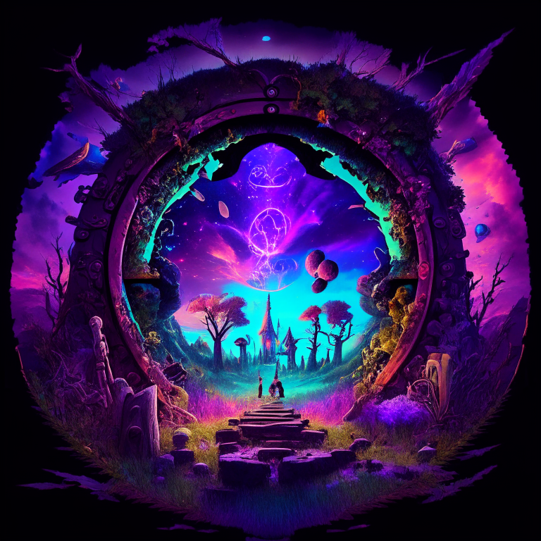 black nether portal frame of obsidian arc doorway, glowing purple runes, caduceus, chibi men/women with pickaxes, sky clouds, very colourful and prismatic grass/trees on the outskirts, red mushrooms inside the nether portal, steampunk, panoramic fisheye lens, underwater
