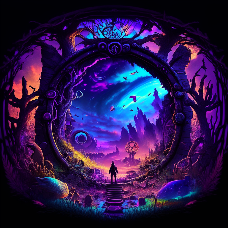 black nether portal frame of obsidian arc doorway, glowing purple runes, caduceus, chibi men/women with pickaxes, sky clouds, very colourful and prismatic grass/trees on the outskirts, red mushrooms inside the nether portal, steampunk, panoramic fisheye lens, underwater
