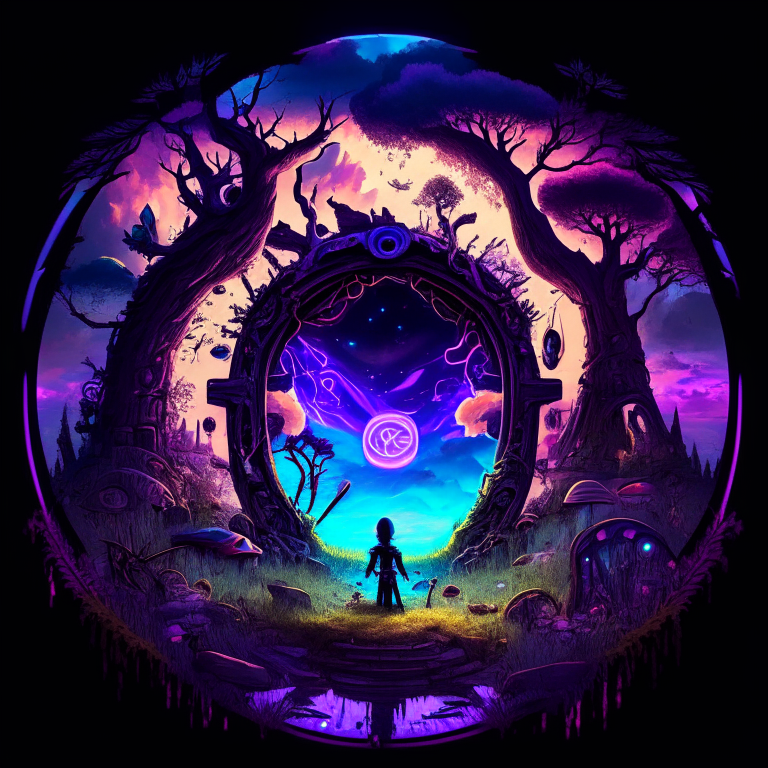 black nether portal frame of obsidian arc doorway, glowing purple runes, caduceus, chibi men/women with pickaxes, sky clouds, very colourful and prismatic grass/trees on the outskirts, red mushrooms inside the nether portal, steampunk, panoramic fisheye lens, underwater, sepia toned
