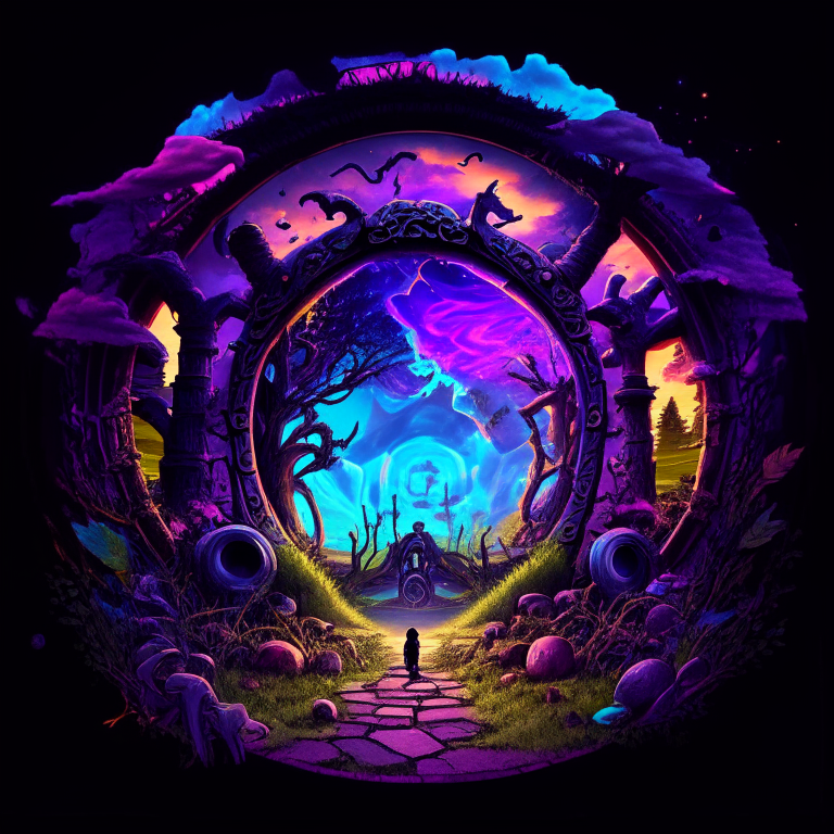 black nether portal frame of obsidian arc doorway, glowing purple runes, caduceus, chibi men/women with pickaxes, sky clouds, very colourful and prismatic grass/trees on the outskirts, red mushrooms inside the nether portal, steampunk, panoramic fisheye lens, underwater, sepia toned
