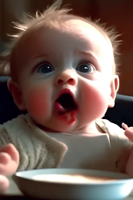 A small cute baby eating food funny in cinematic video