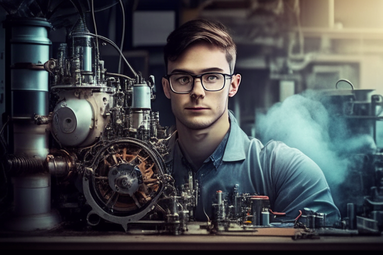 Young physicist 30 years old in a laboratory that invents the internal combustion engine