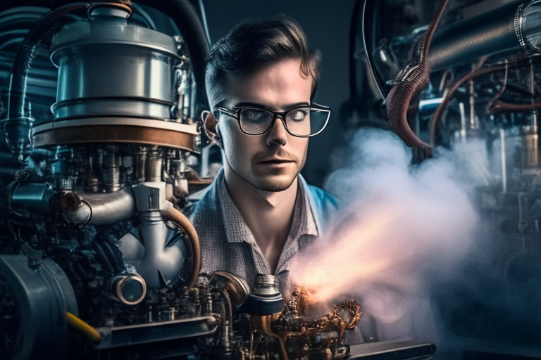 Young physicist 30 years old in a laboratory that invents the internal combustion engine