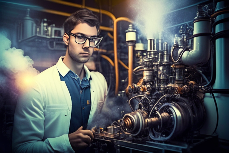 Young physicist 30 years old in a laboratory that invents the internal combustion engine