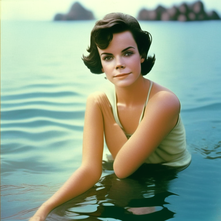 Natalie Wood 22 year old, short hair beautyful, full color, sitting on the sea water , look at the camera”