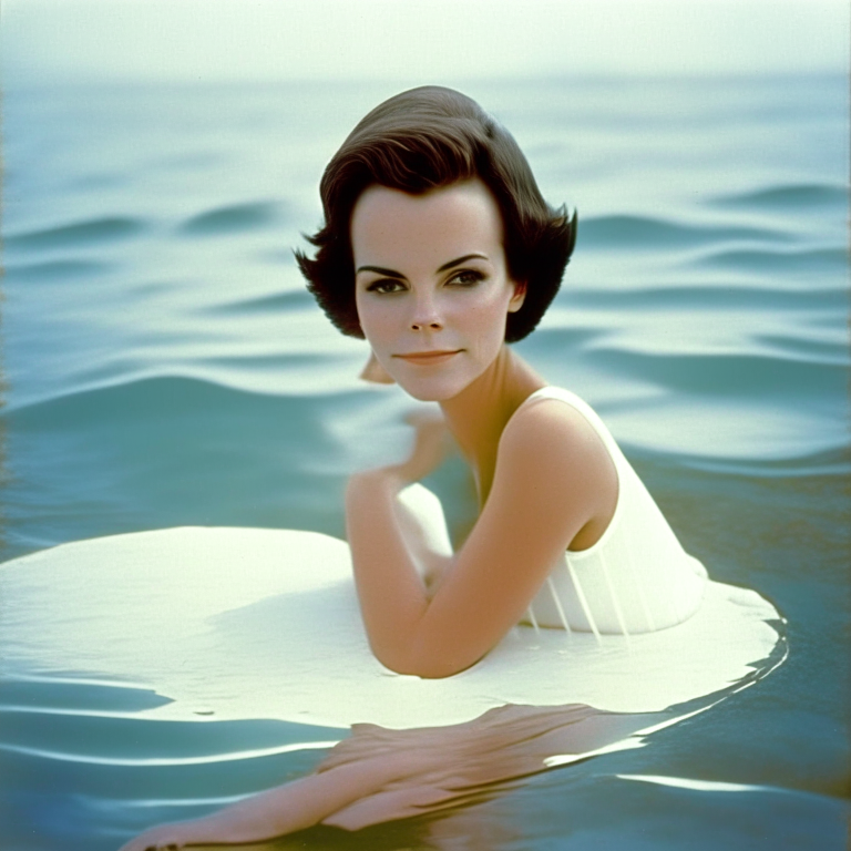 Natalie Wood 22 year old, wear white, short hair beautyful, full color, sitting on the sea water , look at the camera”