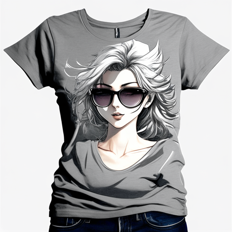 Design beautiful pretty anime woman, sunglasses, grey t-shirt 👕