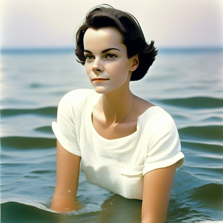 Natalie Wood 22 year old, wear a thin white shirt, short hair beautyful, full color, sitting on the sea water , look at the camera”