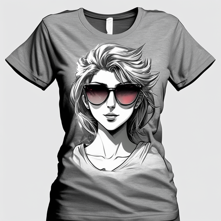 Design beautiful pretty anime woman, sunglasses, grey t-shirt, only t-shirt 👕