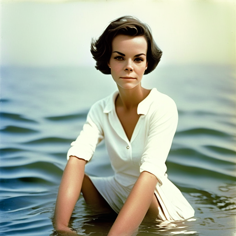 Natalie Wood 22 year old, wear a thin white shirt, short hair beautyful, full color, sitting on the sea water , look at the camera”