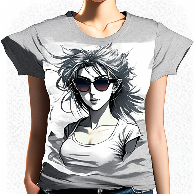 Design beautiful pretty anime woman, sunglasses, grey t-shirt, only t-shirt, should be large size 👕