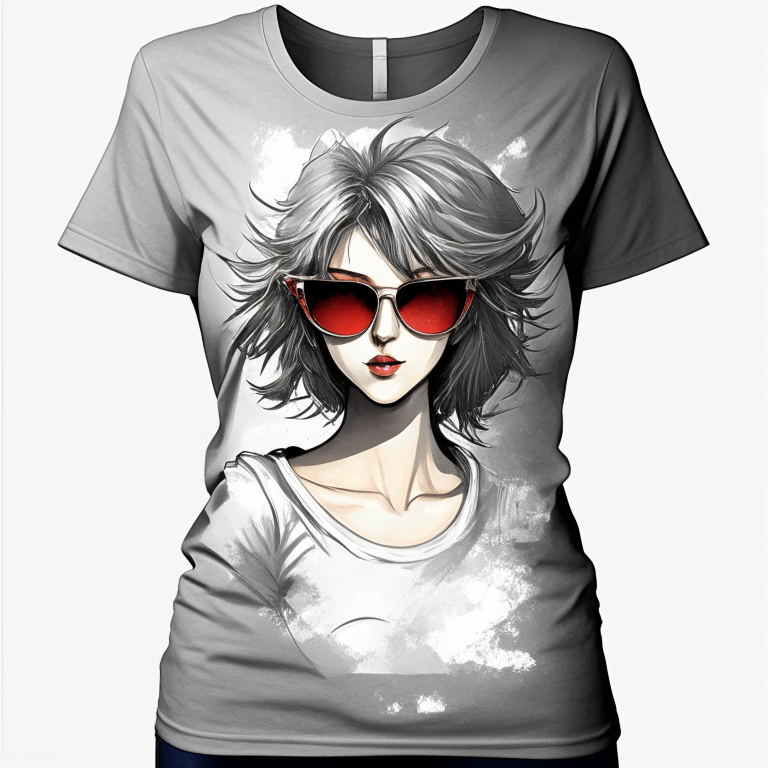 Design me t-shirt woman, details, beautiful anime woman, grey, sunglasses, only for women's 