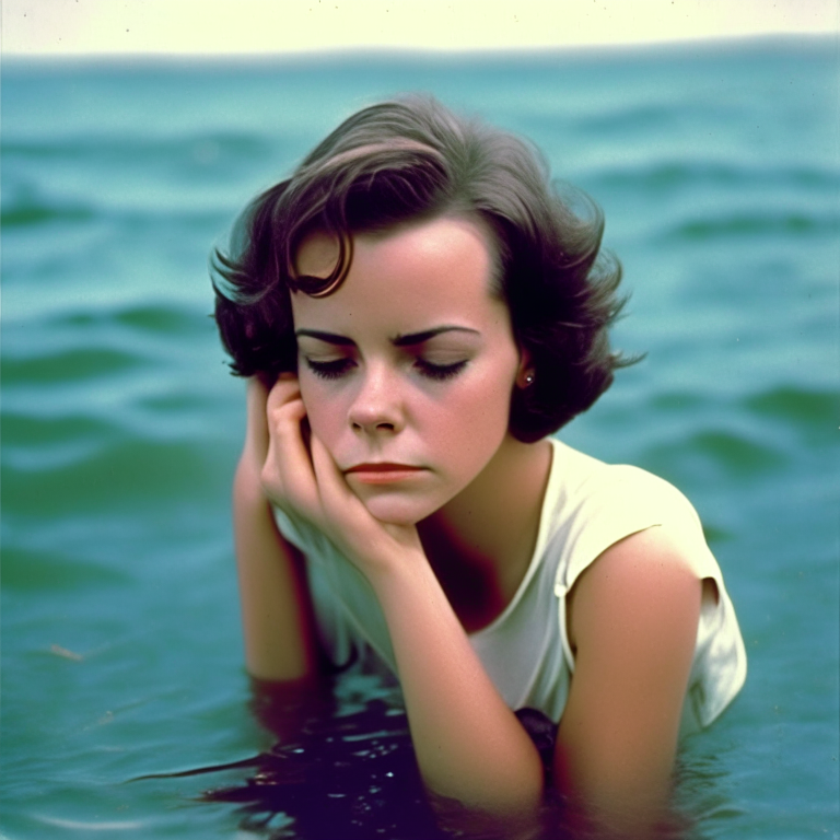 “Natalie Wood 22 year old, sad, crying,  short hair beautyful, full color, sitting on the sea water , look at the camera”
