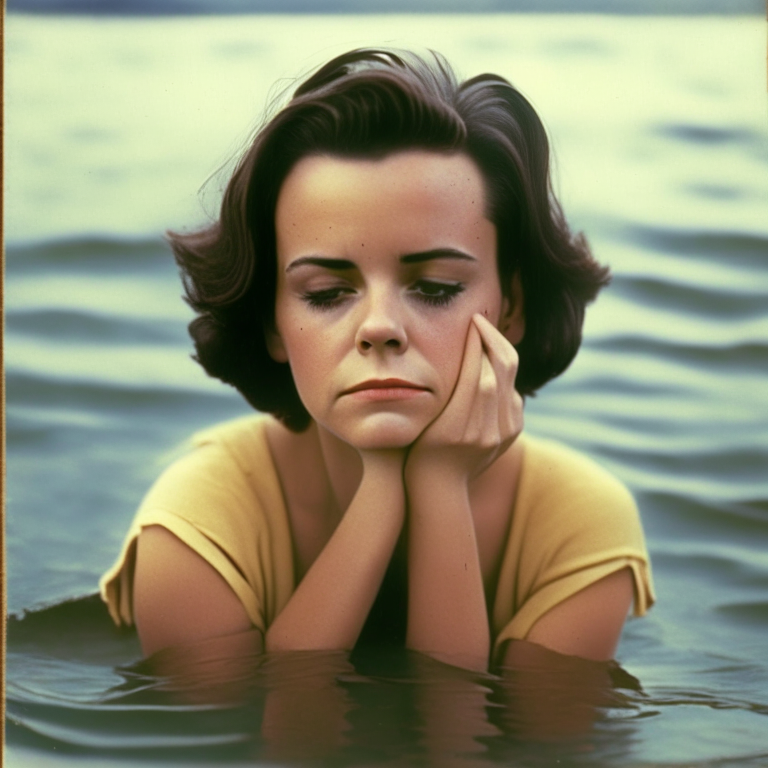 “Natalie Wood 22 year old, sad, crying,  short hair beautyful, full color, sitting on the sea water , look at the camera” sad face
