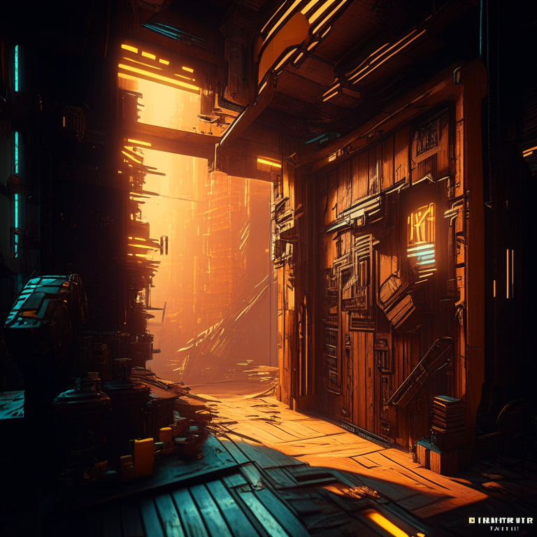 Cyberpunk 2077 but everything is made of wood and wood cuts, yperrealistic, fine detals, extreme ray tracing, volumetric lighting