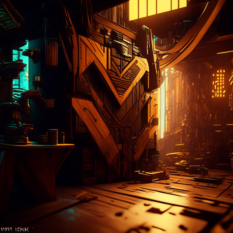 Cyberpunk 2077 but everything is made of wood and wood cuts, yperrealistic, fine detals, extreme ray tracing, volumetric lighting