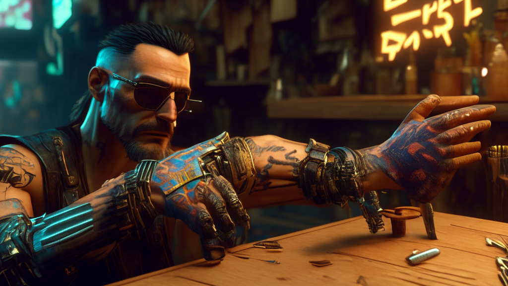 Johnny Woodenhand and V in Cyberpunk 2077 but everything is made of wood, hyperrealistic, fine detals, extreme ray tracing, volumetric lighting, rtx, ssao, ambient occlusion