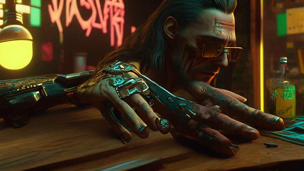 Johnny Woodenhand and V in Cyberpunk 2077 but everything is made of wood, hyperrealistic, fine detals, extreme ray tracing, volumetric lighting, rtx, ssao, ambient occlusion