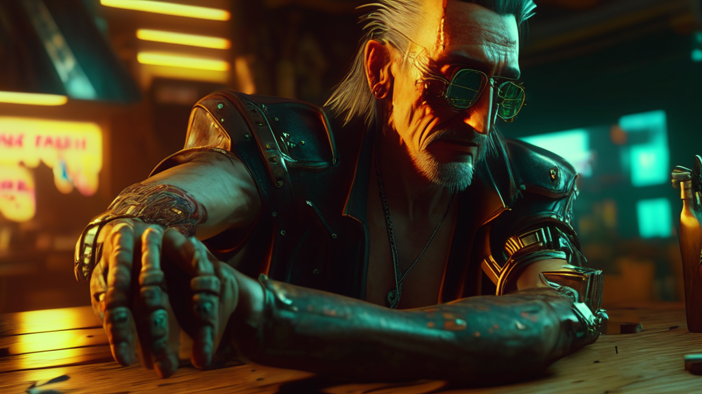 Johnny Woodenhand and V in Cyberpunk 2077 but everything is made of wood, hyperrealistic, fine detals, extreme ray tracing, volumetric lighting, rtx, ssao, ambient occlusion