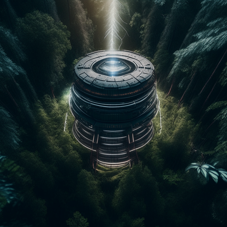 Huge outdoors Tesla Coil in the middle of dense wild forest, award winning close up drone shot, dramatic lighting insanely detailed and intricate, hyperdetail, high resolution, vray, 8k, matte background