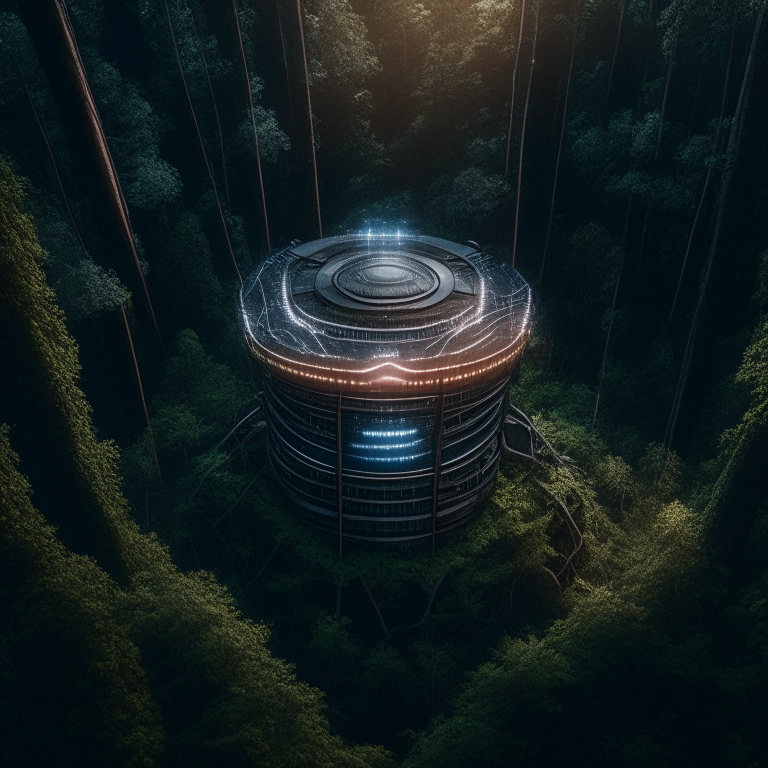 Huge outdoors Tesla Coil in the middle of dense wild forest, award winning close up drone shot, dramatic lighting insanely detailed and intricate, hyperdetail, high resolution, vray, 8k, matte background