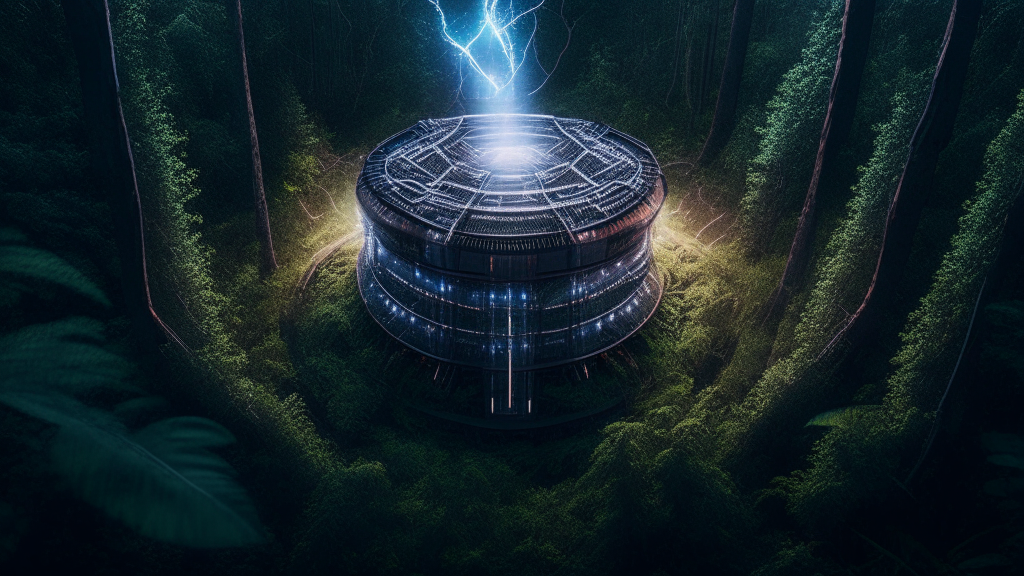 Huge outdoors Tesla Coil in the middle of dense wild forest, award winning close up drone shot, dramatic lighting insanely detailed and intricate, hyperdetail, high resolution, vray, 8k, matte painting, glitter background