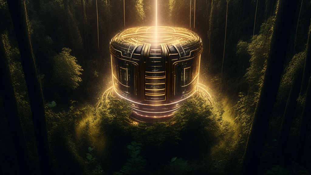 Huge outdoors Tesla Coil in the middle of dense wild forest, award winning close up drone shot, dramatic lighting insanely detailed and intricate, hyperdetail, high resolution, vray, 8k, matte painting, gold glitter background