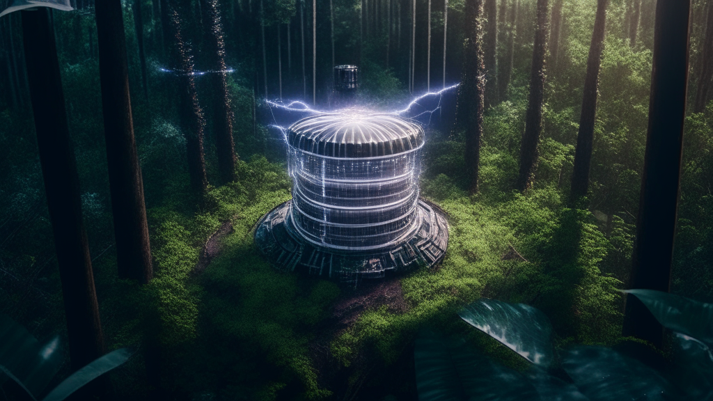 Huge outdoors Tesla Coil in the middle of dense wild forest, award winning close up drone shot, dramatic lighting insanely detailed and intricate, hyperdetail, high resolution, vray, 8k, matte painting, silver glitter background