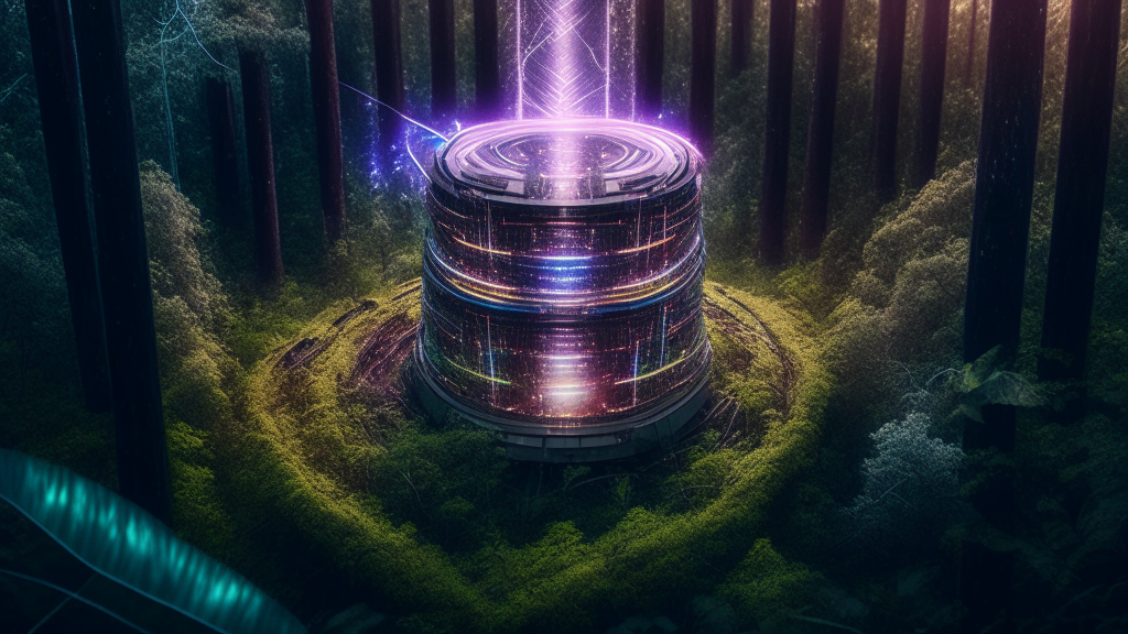 Huge outdoors Tesla Coil in the middle of dense wild forest, award winning close up drone shot, dramatic lighting insanely detailed and intricate, hyperdetail, high resolution, vray, 8k, matte painting, rainbow glitter background