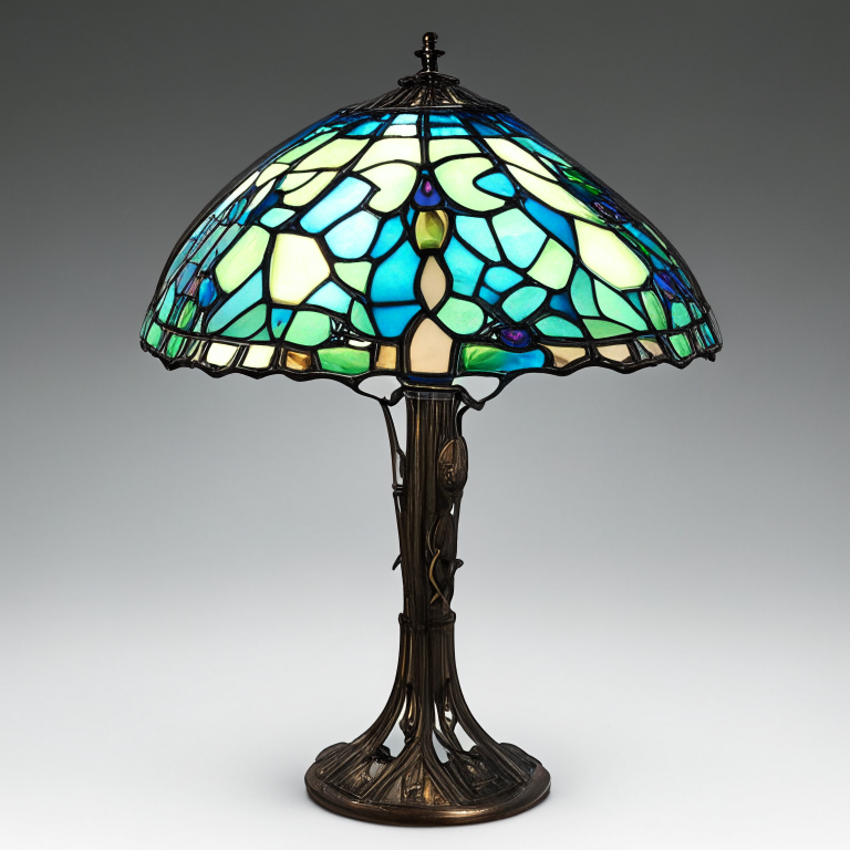 a tiffany style stained glass lamp with blue and green colors