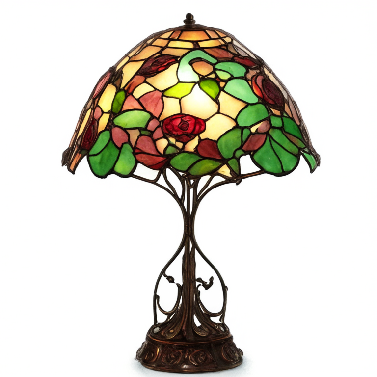 a tiffany style stained glass lamp with roses and vines