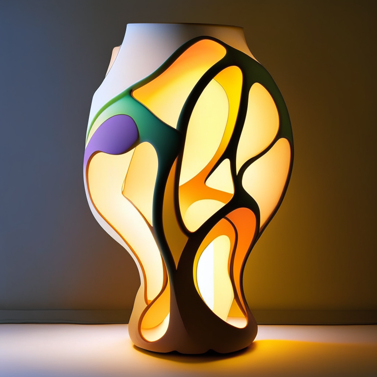 A Gaudi-style lamp with an organic shape, curvy lines and bright colors