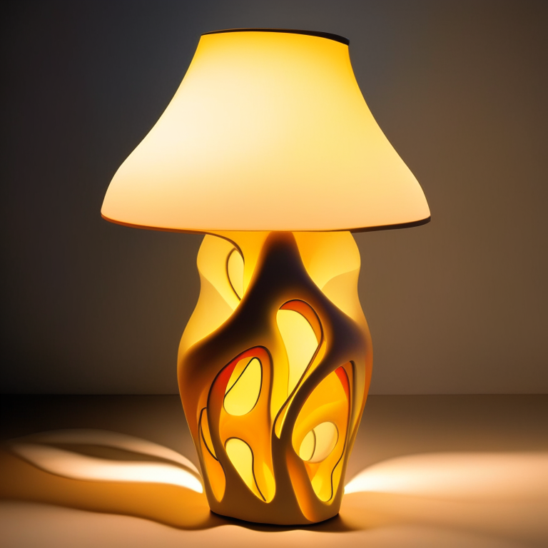 A Gaudi-style lamp with an organic shape, curvy lines, bright colors and a decorative base