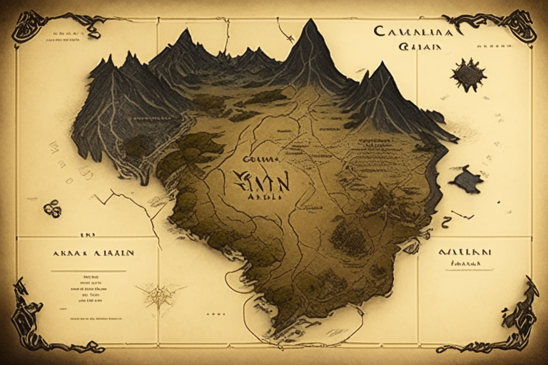 Mapa del mundo de fantasía de Cain el Insolente sin texto ni escritura, solo continentes, mares y montañas