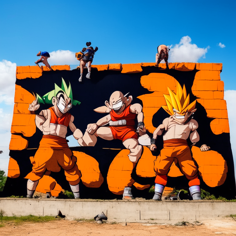 Krillin, Yamcha, Tienshinran AND Chaos From Dragon Ball Mounting a wall to prevent lava from reaching At Horizons Festival (A Festival Near San José Volcano in Santiago Chile)